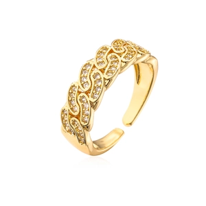 Adjustable gold plated Cuban link ring with sparkling cubic zirconia pavé detailing