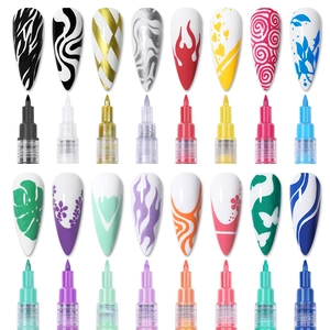 Macro view of 16 multicolor nail art pens with artistic patterns on display tips