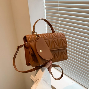 Women Quilted Crossbody Bag PU Leather Geometric Rhombus Pattern Handbag With Small Round Coin Purse Pendant Trendy
