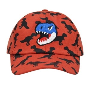 Dettaglio del ricamo di dinosauro blu su un cappellino rosso per bambini con silhouette