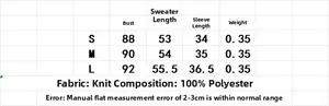 Size chart detail for short sleeve knitted jacket showing bust length and weight data