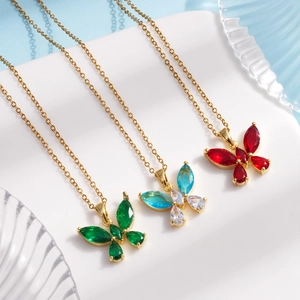 Elegant butterfly pendant necklaces with cubic zirconia in green, red, and blue colors