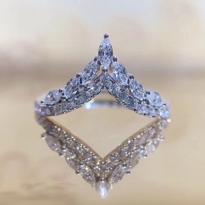 Elegant V-shaped crown ring with silver finish and sparkling pear cut white gemstones