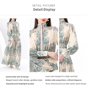 Detail of vintage high collar and elegant floral print on this long sleeve maxi dress