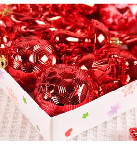 Detailed view of assorted red Christmas ornaments in diverse geometric shapes and finishes