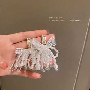 Bow Knot Tassel Earrings With 925 Sterling Silver Earring Post Lace Imitation Artificial Pearl Zircon Elegant French Style