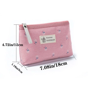 Pink floral canvas makeup bag with zipper and handle, portable travel pouch 18x12x3cm