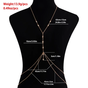 Detailed view of sexy gold body chain with sparkling rhinestones and size measurements