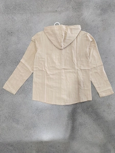 Rear view of beige vertical striped linen hoodie with casual drawstring and breathable fabric