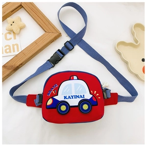 Detail of red cartoon car kids waist bag with adjustable strap and durable buckle