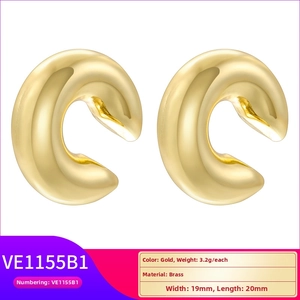 Polished gold brass C-shape hoop earrings with 19mm by 20mm dimensions and 3.2g weight