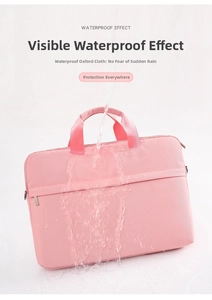 Waterproof testing of pink laptop bag showing Oxford fabric splash resistance