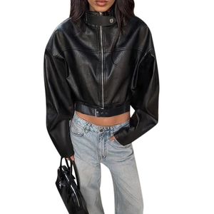 Short black leather jacket with stand collar and adjustable belt on white background
