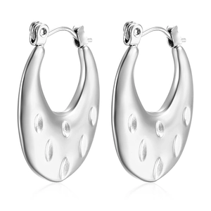 Minimalist silver U-shaped oval earrings with hammered texture in stainless steel