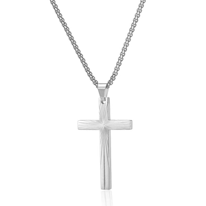 Silver stainless steel cross necklace with sunburst texture and box chain on white background