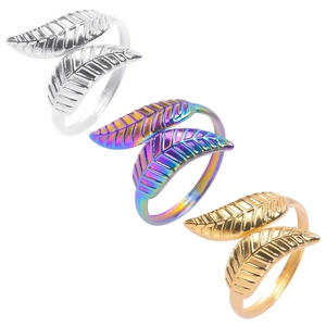 Double Leaf Open Ring Stainless Steel Adjustable Textured Veins Vintage Nature Style Jewelry For Women Men