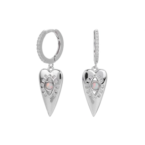 Minimalist 925 sterling silver hoop earrings with heart-shaped opal charms and zircons