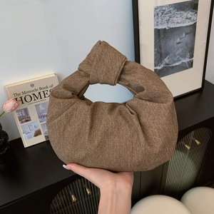 Women Handbag Denim Fabric And PU Leather Knotted Handle Ruched Cloud Dumpling Bag Retro Minimalist Casual