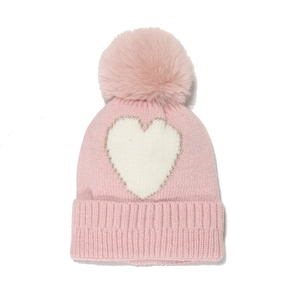 Cappello in maglia rosa con motivo a cuore bianco e grande pompon in pelliccia per bimbi