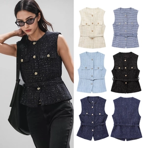 Women Tweed Vest Sleeveless Waistcoat With Belt Sequins Glitter Round Neck Elegant Vintage Style Button Down Outerwear