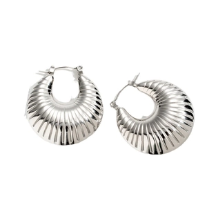 Polished silver stainless steel chunky twisted hoop earrings in stylish croissant design