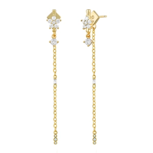 Elegant gold flower tassel earrings with sparkling zircon crystals and long chains