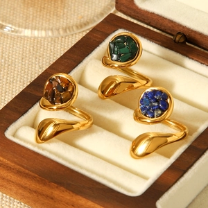 French vintage style stainless steel gold plated rings with natural stone inlays