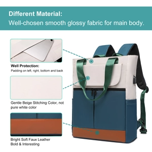 Detail of color-block travel backpack with smooth glossy fabric and soft leather accents