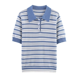 Blue and white striped knit polo shirt with short sleeves and classic blue collar