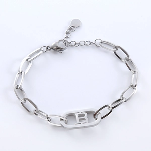 Silver stainless steel oval link chain bracelet with hollow letter B charm and lobster clasp