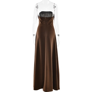 Back view of brown strapless maxi dress with a hidden zipper and smooth draped fabric