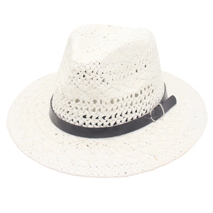 Classic Men Panama Straw Fedora Hat Hollow Woven Breathable Summer Beach Sun Protection Wide Flat Brim Vintage With Leather Belt