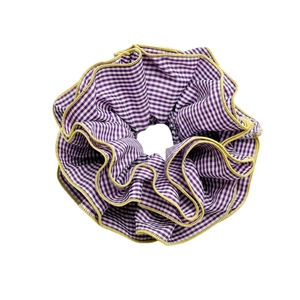 Oversized ballet style plaid scrunchie in purple and white with yellow hemmed edges