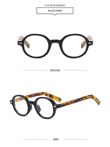 Retro round black demi glasses showing front and 45-degree side views on white background
