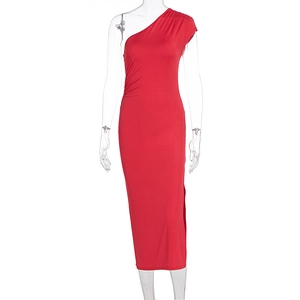 Detail view of the red one-shoulder dress showing side waist ruching and fitted fabric