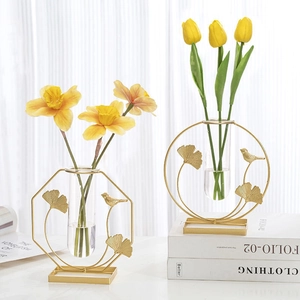 Nordic gold metal hydroponic vase with ginkgo leaf and bird decor on glass tube