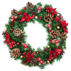 Detailed Christmas wreath featuring red poinsettia flowers, pine cones and gold ornaments