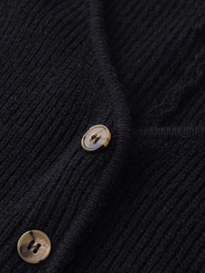 Detail of black ribbed knit cardigan featuring tortoiseshell buttons and premium wool texture