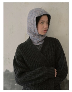 Detailed knit texture of light blue balaclava hood paired with a dark grey cardigan