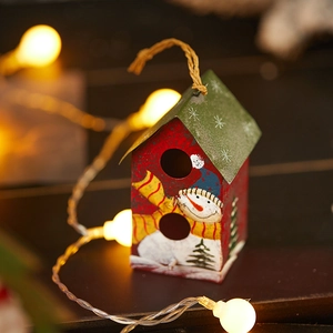 Maison de Noël en métal 10cm avec motif bonhomme de neige et corde de suspension