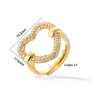 Detail view of gold heart ring with micro-pave cubic zirconia and 19.2mm dimensions