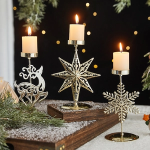 Christmas Candle Holder Metal Iron Reindeer Snowflake Star Tree Holiday Table Desktop Decoration Golden