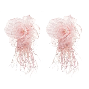 Pink handmade woven lace flower earrings with soft feather tassels for summer beach style