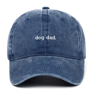 Navy blue washed cotton baseball cap with white dog dad embroidery and retro casual design