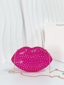 Sparkling rose red lip-shaped evening clutch bag with rhinestones and gold chain strap