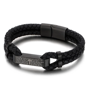 Bracelet En Cuir Tressé Pour Homme Avec Plaque En Acier Inoxydable Croix Prière Religieux