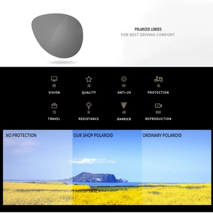 Infographic showing polarized gray lenses with HD vision and UV protection benefits