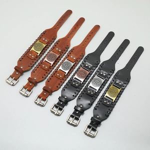Set of six Nordic Viking compass leather bracelets in brown and black with metal charms