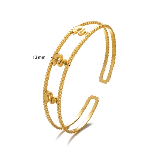 Detail of 12mm wide gold stainless steel open cuff with double bead chain and snake motifs