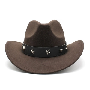 Dark brown wool felt western cowboy hat with silver star studs on a black leather band